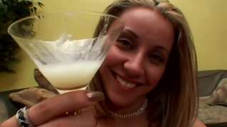 Online film Lusty blonde is drinking fresh cum from a martini glass, after sucking dicks and getting fucked