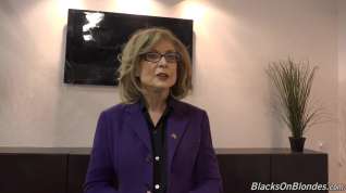 Online film Nina Hartley knows how to handle two black dicks at the same time, in the conference room