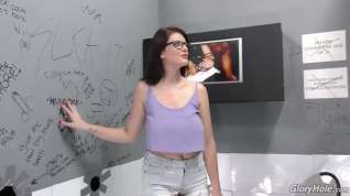 Online film Nerdy brunette, Michele James is sucking a big, black cock through a gloryhole and trying to ride it