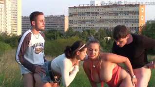 Online film Naughty girls are having a foursome with their friends in a public place, just for fun