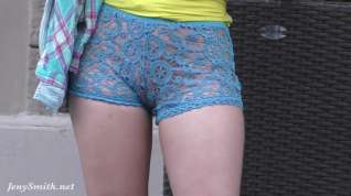 Online film Jeny Smith walks in public with transparent shorts. Real flashing moments