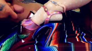 Online film Cumshot on Pink Holo Pleaser Platform Heels with Pink OTK Socks