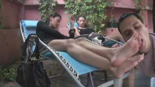 Online film male slave cleaning feet of 2 mistress at cafe