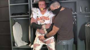 Online film Tall redheaded football player bound gagged stripped and jerked off.
