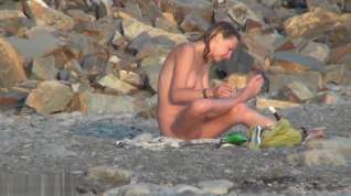 Online film naked blonde undresses and showers in front of group on beach NFCM