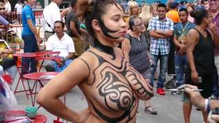 Online film Big tits girl public body painting