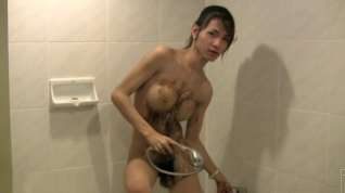 Online film Slim ladyboy in golden bikini exposes extremely hairy a-hole