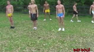 Online film Athletic young men group workout before big cock sucking and handjob