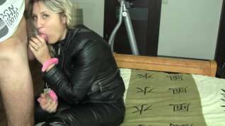 Online film blowjob in leather pants and black leather coat