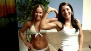 Online film girls flexing lift and carry and arm wrestling