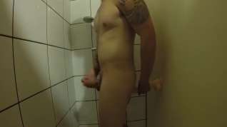 Online film Stud delivers amazing Cumshot riding huge dildo in public shower