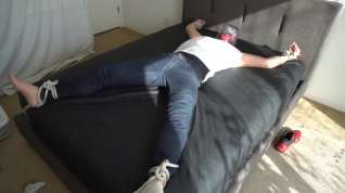 Online film Jake bound and gagged spread eagle to bed sniffing his smelly Nike sneaker
