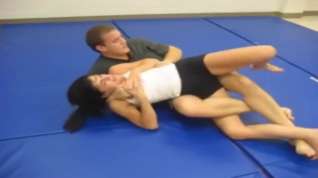 Online film Hot woman is dominated by fat man. Mixed wrestling