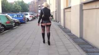 Online film MILF slut out walking in miniskirt and stockings