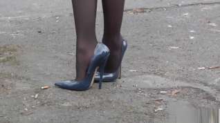 Online film 6inch high heels casual business elegance black stocking legs in public