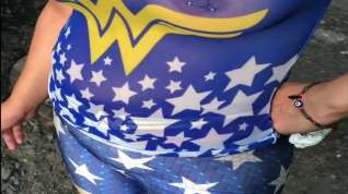 Online film A day with wife in see through wonder women shirt and leggings