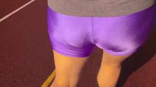 Online film Spandex Angel - Shiny purple spandex shorts (public)