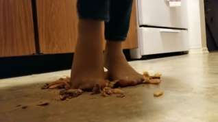 Online film Cheeseburger and fries crushed under nylon feet, walkover style