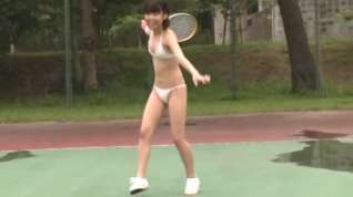 Online film Tennis college girl in pink and white striped cotton panties
