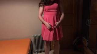 Online film Sissy in pink dress strokes her cock with cumshot on face