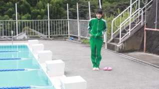 Online film Japanese girl swim in pool with yellow swimsuit soft