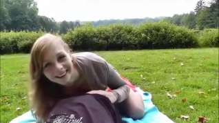 Online film Red skirted girl rides her guy to creampie in public park