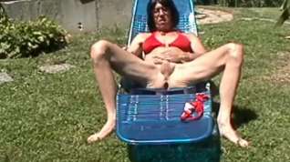 Online film Suntanning in my Red Bikini Plugged and Horny!