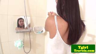 Online film Asian ladyboy jerking cock after shower