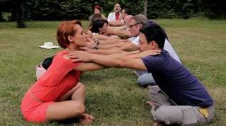 Online film Group stretching in nature