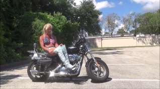 Online film denim biker chick in chastity device