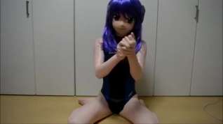 Online film Kigurumi has a Japanese doll mask, while using vibrator