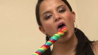 Online film Sasha sticks her favorite fuck toy in her juicy cunt while sucking on her lollipop