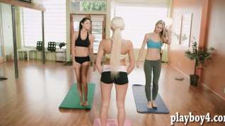 Online film Yoga class of busty trainer with brunette babes to stay fit