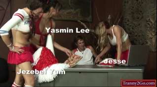 Online film Shemale cheerleaders Jesse, Jezebel and Yasmin make coach suck