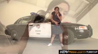 Online film Slim girl Tia Cyrus rides cock on top of a police car