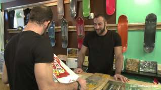 Online film Bound in Public. Horny crowd jumps on a ripped stud in a skate shop