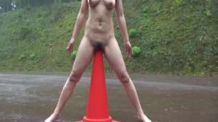 Online film Girl masturbates with a road cone in extreme dildo film