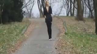 Online film Blonde stripping and flashing her tits in public forest