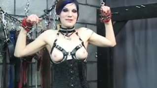 Online film Delicious youthful blindfolded dark brown in corset is tortured by Dom Len